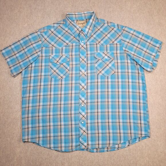 Wrangler Western Pearl Snap Shirt Mens 2XLB Big Blue Plaid Short Sleeve Pockets - Picture 1 of 8